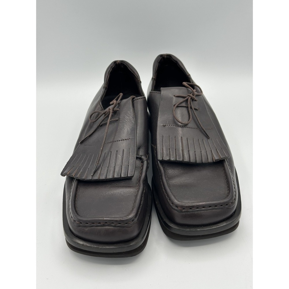 Prada Brown Leather Kiltie Fringe Derby Shoes Square Toe Italy Made sz 8 Men's